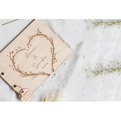 Libro de firmas boda corazón flores nombre con bolsa