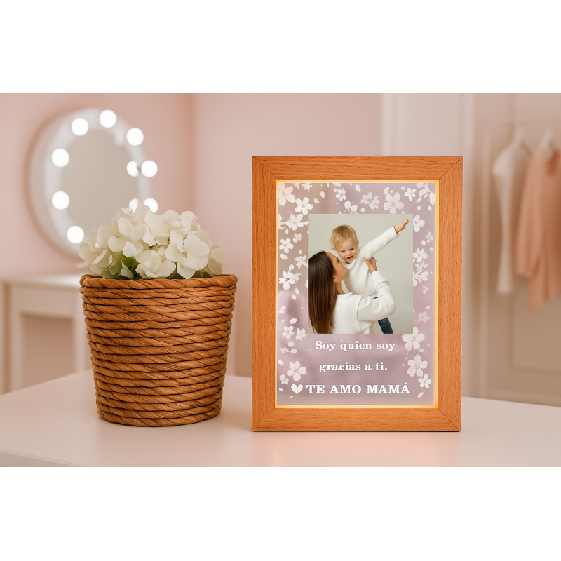 Lámpara LED con marco de madera para...